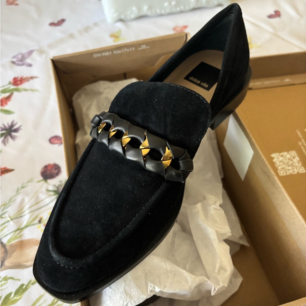 Black Suede Loafers with Gold Chain